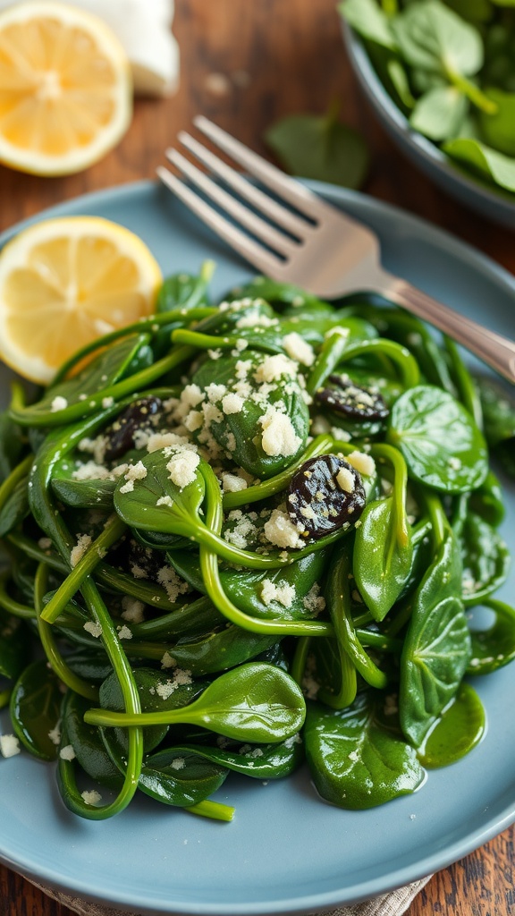 Sautéed spinach with garlic on a plate, garnished with Parmesan cheese and a lemon wedge.